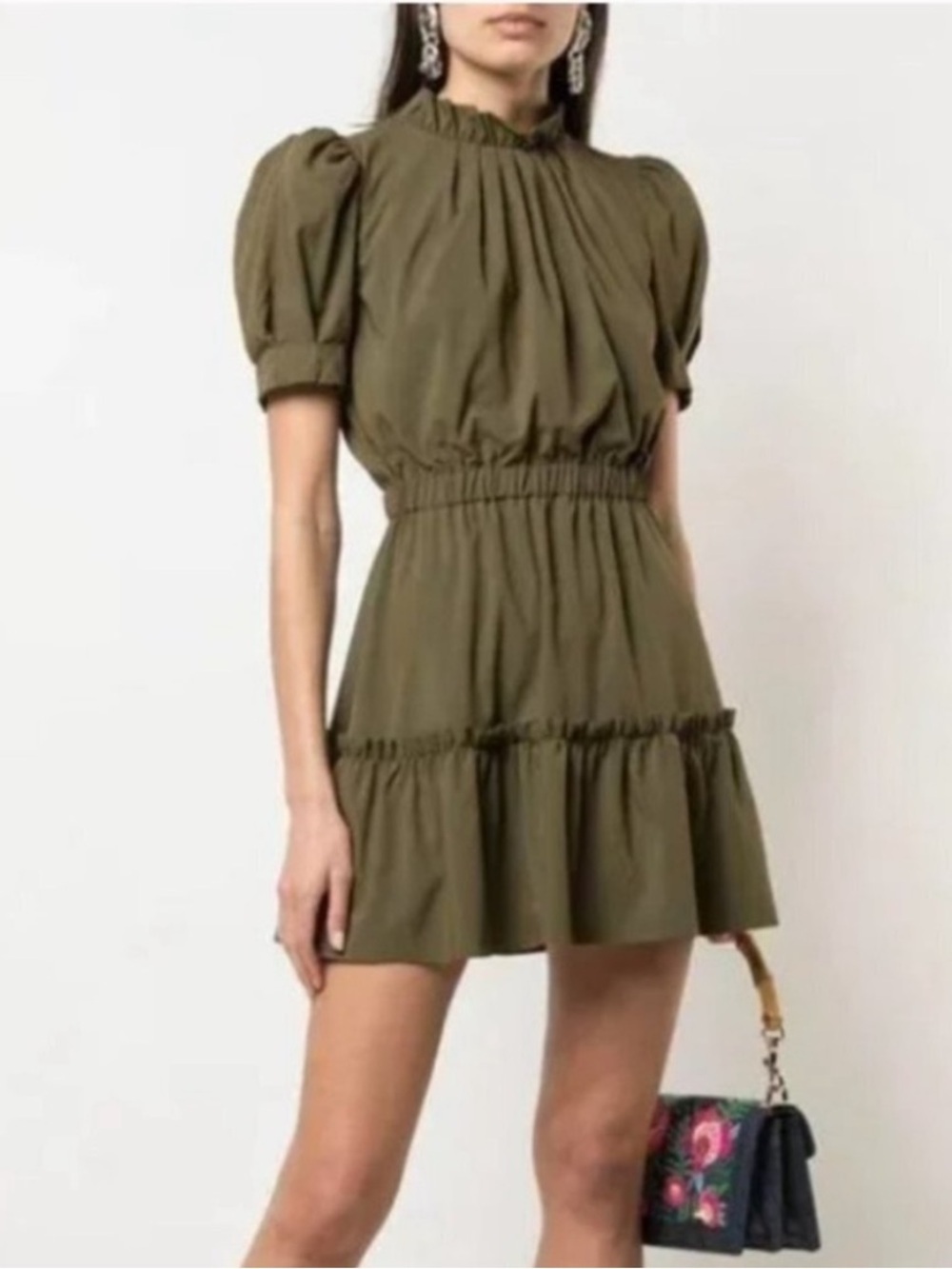Alice + Olivia Vida Puff-Sleeve Tiered Olive Green Mini dress Size 8 NWT